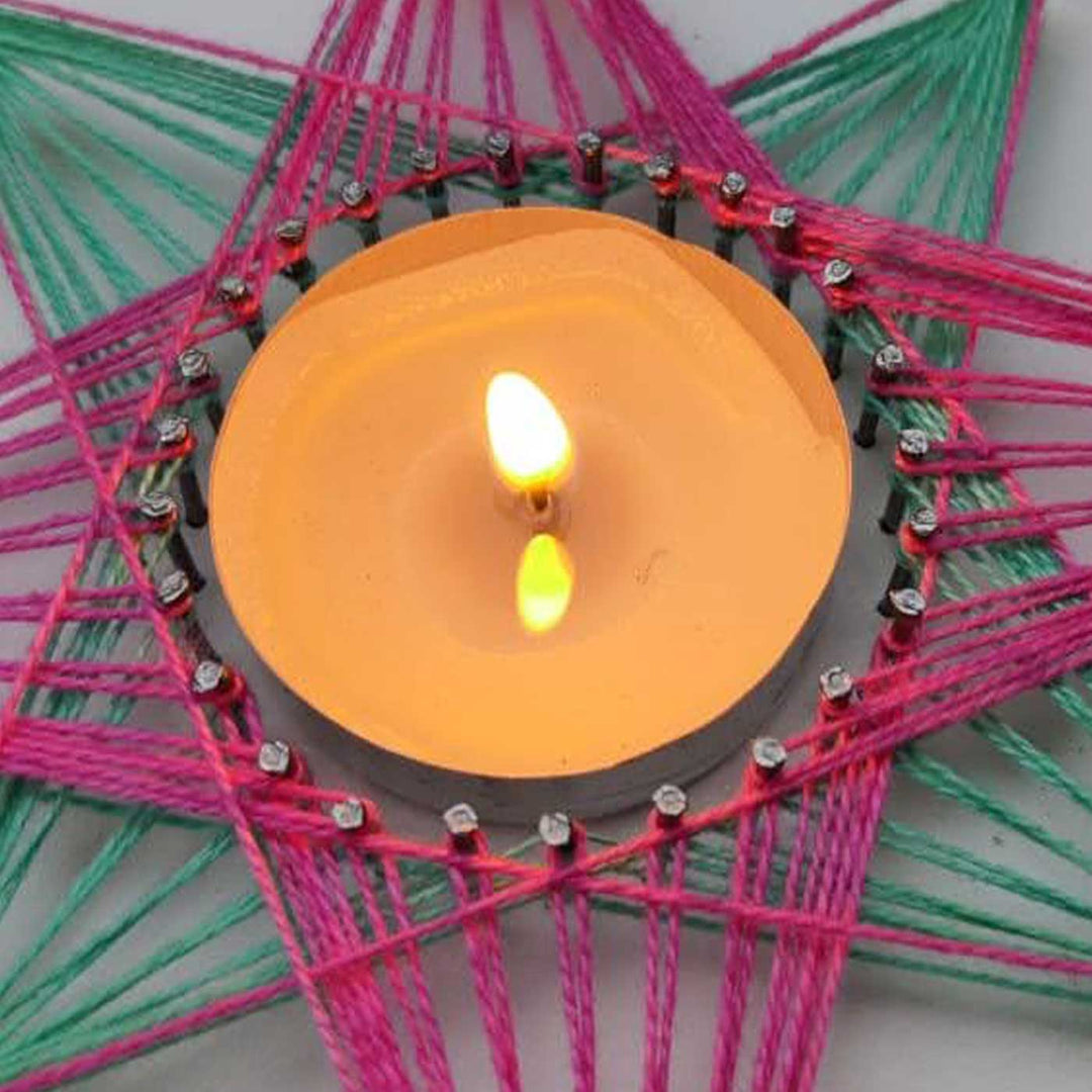Handmade String Art Flower Design Wooden Tealight Holder With Tealight Candle