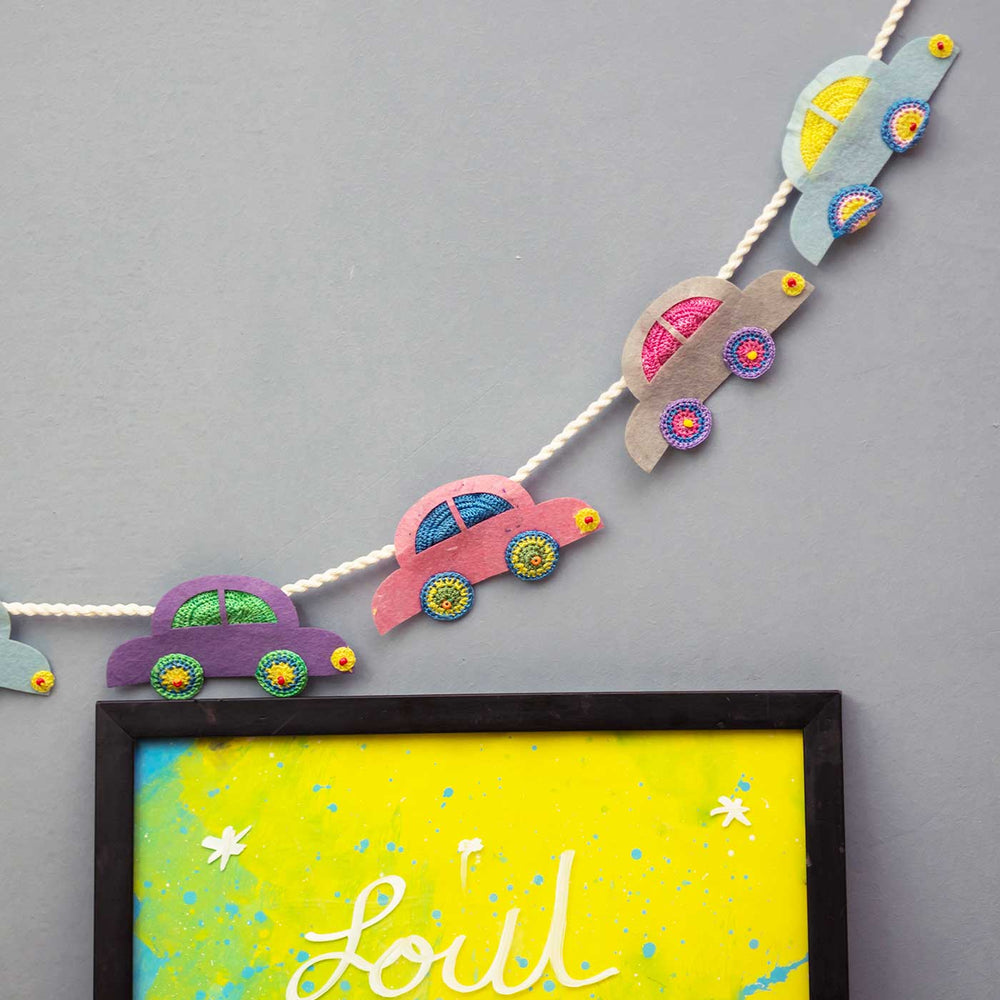 Handmade Crochet Car Themed Felt Bunting - Hanging Garland Display on Wall