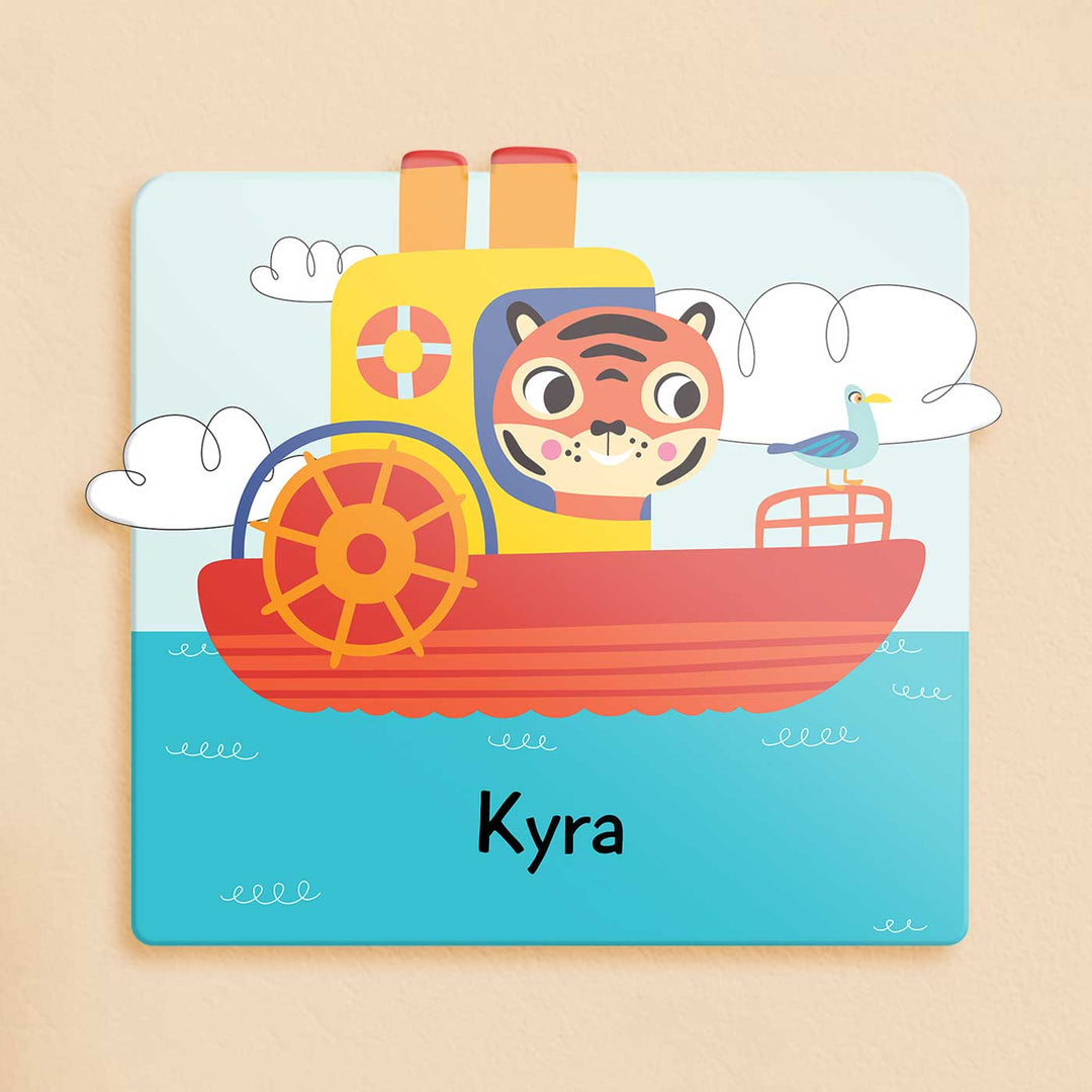 Personalized Lets Travel Theme Acrylic Kids Name Plate - Front View with Name Personalization