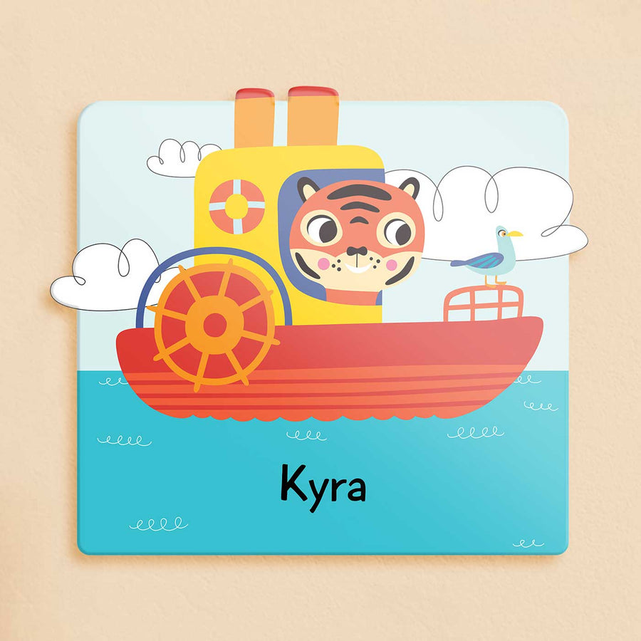 Personalized Lets Travel Theme Acrylic Kids Name Plate - Front View with Name Personalization