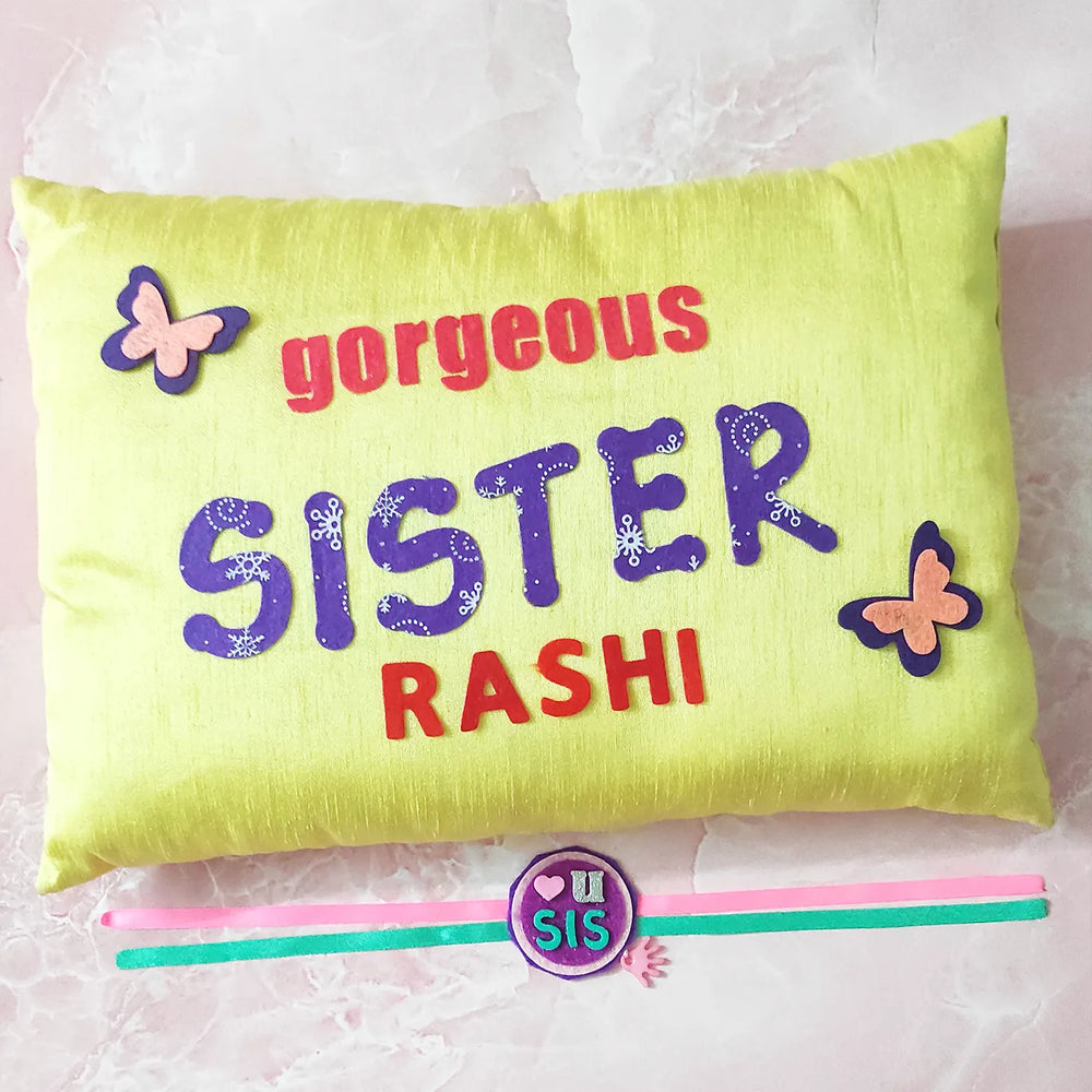 Personalized Gorgeous Sister Felt Rakhi Hamper With Roli Chawal Includes 1 Pillow 1 Rakhi - Front View with Rakhi (2)
