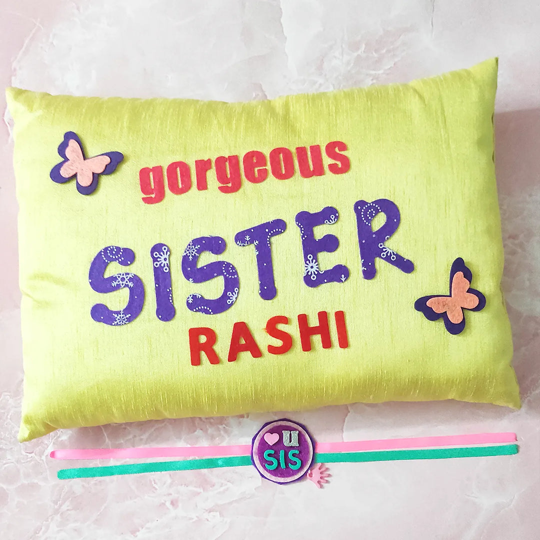 Personalized Gorgeous Sister Felt Rakhi Hamper With Roli Chawal Includes 1 Pillow 1 Rakhi - Front View with Rakhi (2)