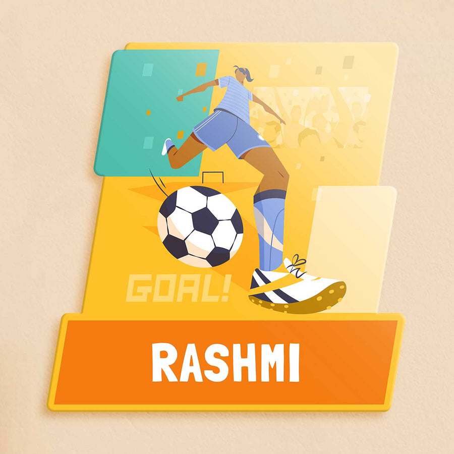 Personalized Girls Football Goal Theme Acrylic Kids Name Plate - Name Personalization Example Front View