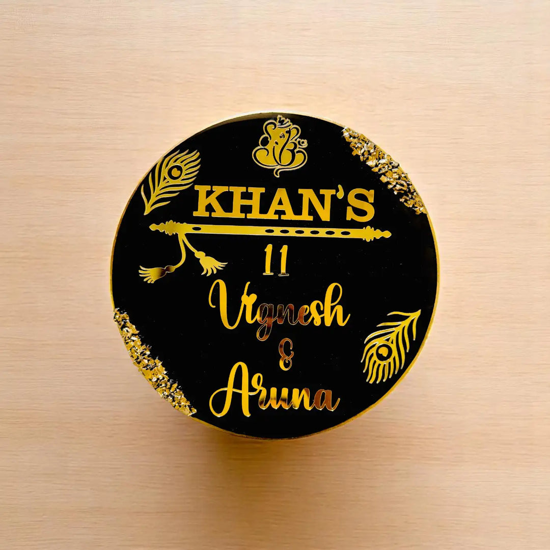 Black Feathers Personalized Round Resin Name Plate | With 3D Acrylic Letters & Gold Stone Embellishment