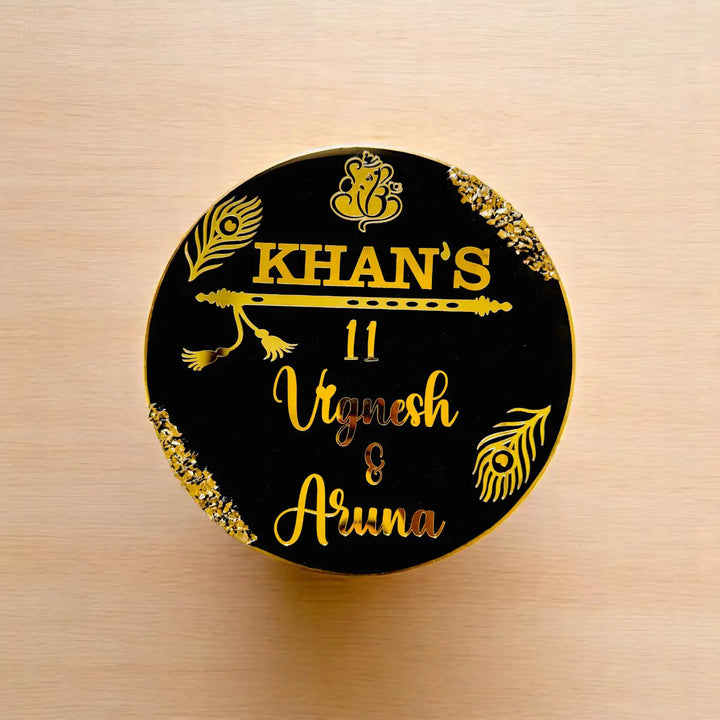 Black Feathers Personalized Round Resin Name Plate | With 3D Acrylic Letters & Gold Stone Embellishment