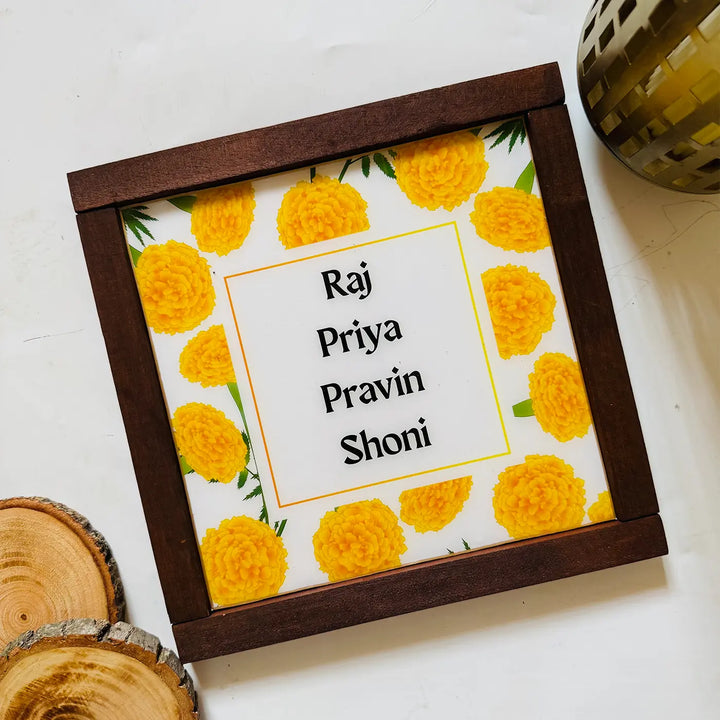 Yellow Marigold Personalized Framed Square Resin Name Plate