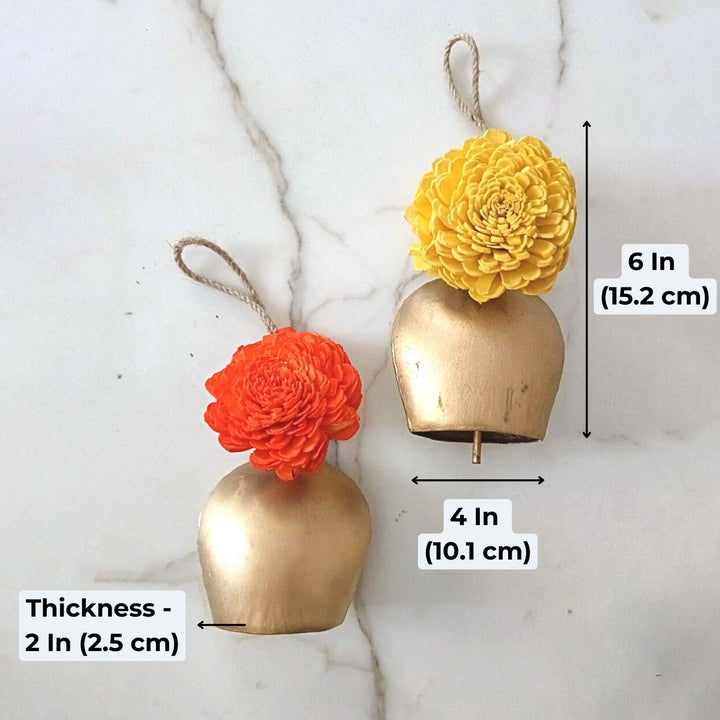 2 Pc | Shola Wood Marigold Flower Festive Bell Hanging