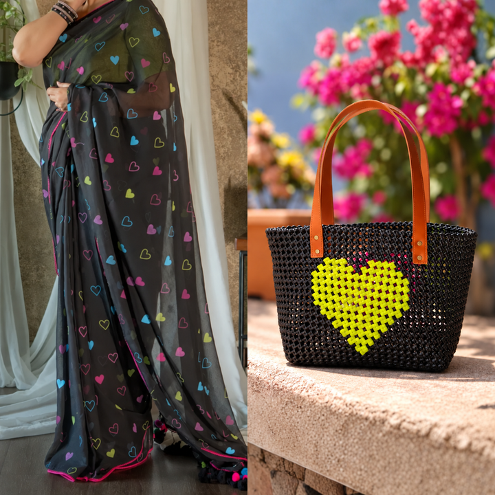 "Double Crush" Pink & Green Heart Mukhya Knot Handmade Wire Koodai Tote Bag