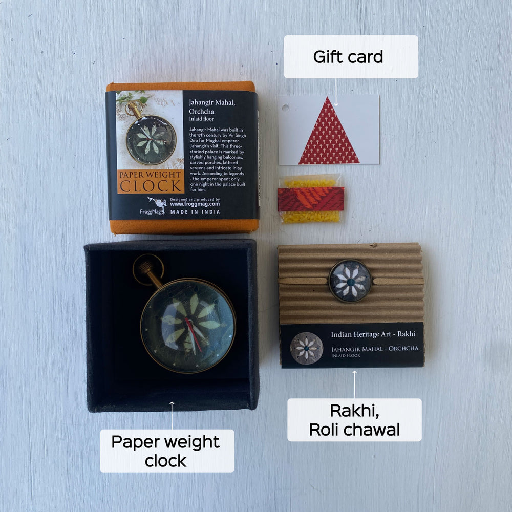 Handcrafted Folk Art Rakhi Hamper For Young Adults With Rice Roli Haldi 1 - Gift set with paper weight clock and rakhi