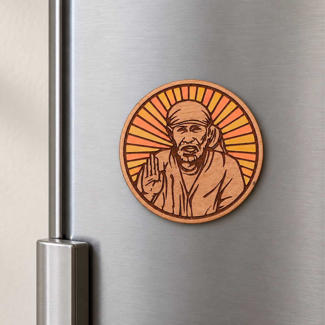 Engraved & Hand-Painted Sai Baba Blessing Mahogany Wood Fridge Magnet