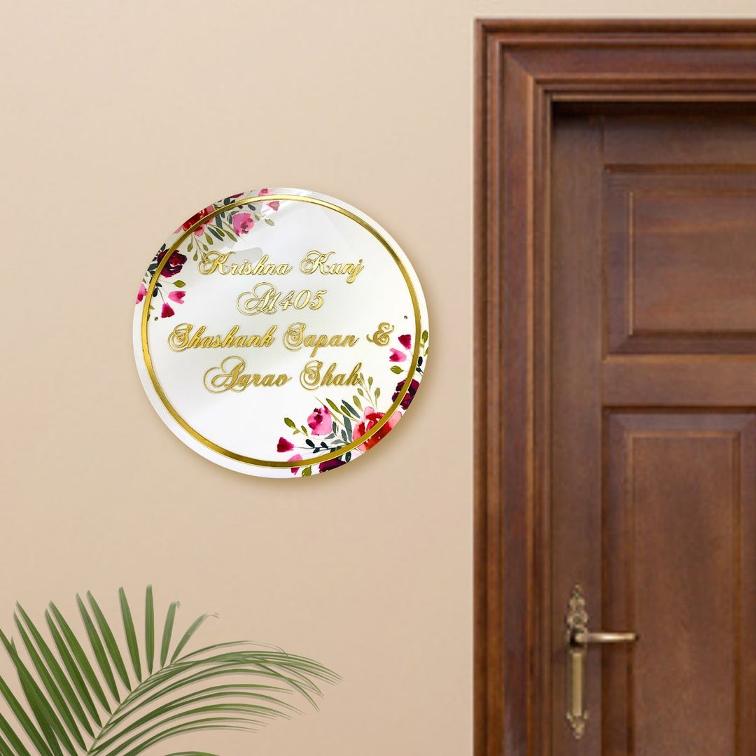 Personalised Printed Floral Round Acrylic Nameplate Copy 2 - Mounted on Wall near Door