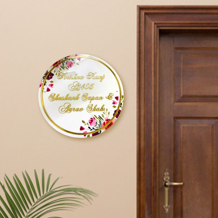 Personalised Printed Floral Round Acrylic Nameplate Copy 2 - Mounted on Wall near Door