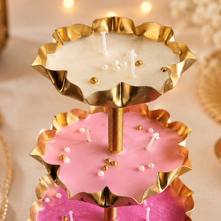 Triple Radiance 3-Tier Gold-Toned Metal Urli Multi-Wick Candle With Pearl Detailing For Festive Decor