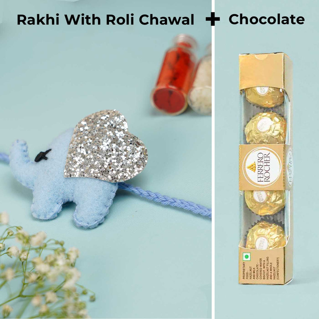 Handmade Glitter Elephant Felt Rakhi With Roli Chawal - Elephant Rakhi Front View with Chocolates (2)