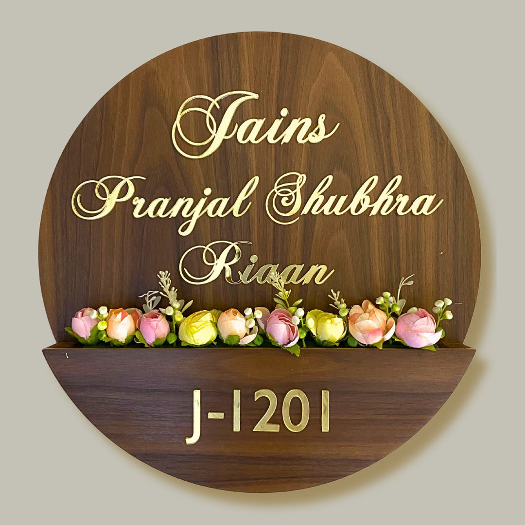 Personalised Wooden Flower Basket Nameplate - Front View with Floral Holder