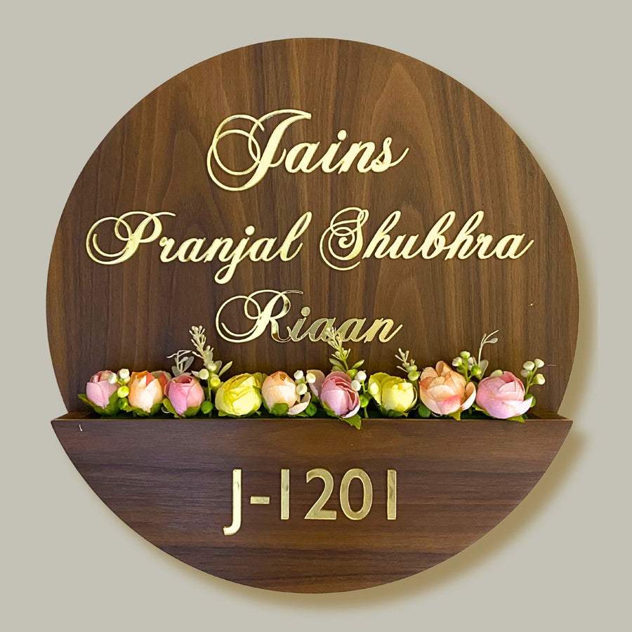 Personalised Wooden Flower Basket Nameplate - Front View with Floral Holder