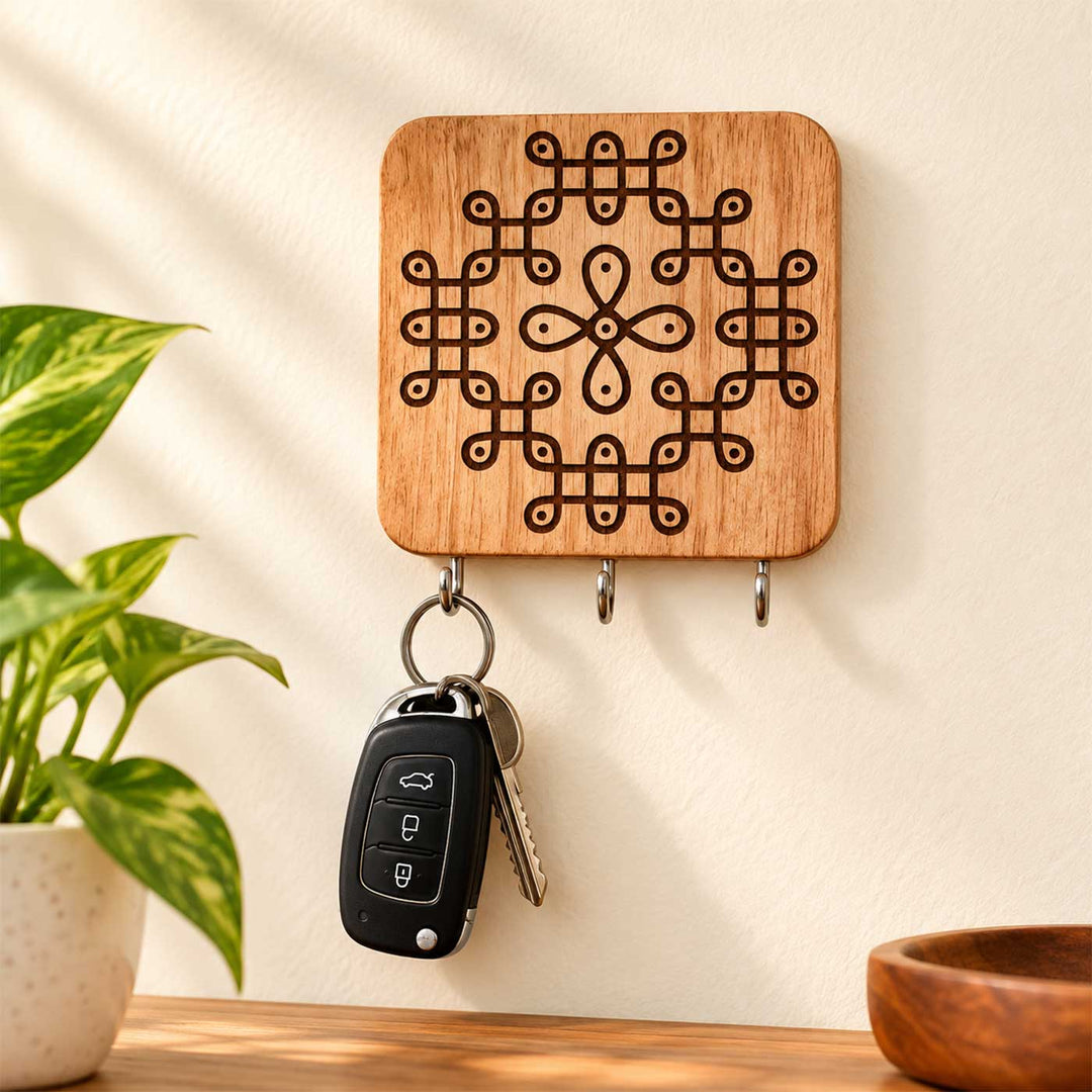 Engraved Flower Medallion Kolam Rubber Wood Wall Key Holder