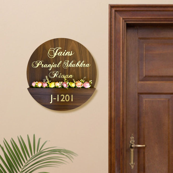 Personalised Wooden Flower Basket Nameplate - Mounted on Entryway Wall with Flowers
