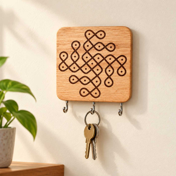 Engraved Diamond Lattice Kolam Rubber Wood Wall Key Holder