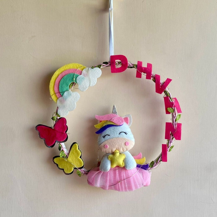Personalized Unicorn Theme Fairy Lights Kids Felt Hoop Name Plate - Front View Hanging from Ribbon