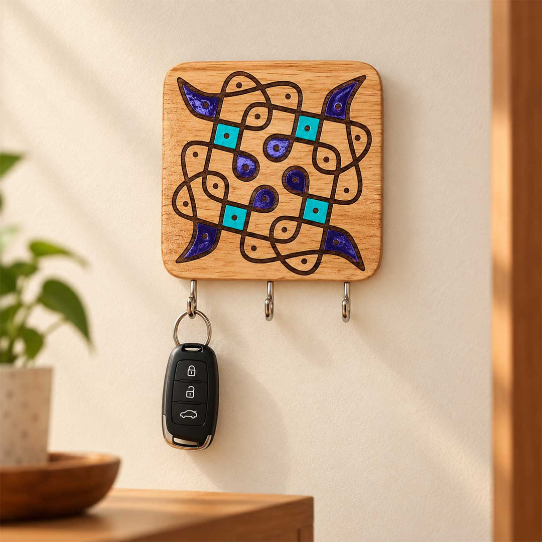 Hand-Painted Pinwheel Kolam Rubber Wood Wall Key Holder