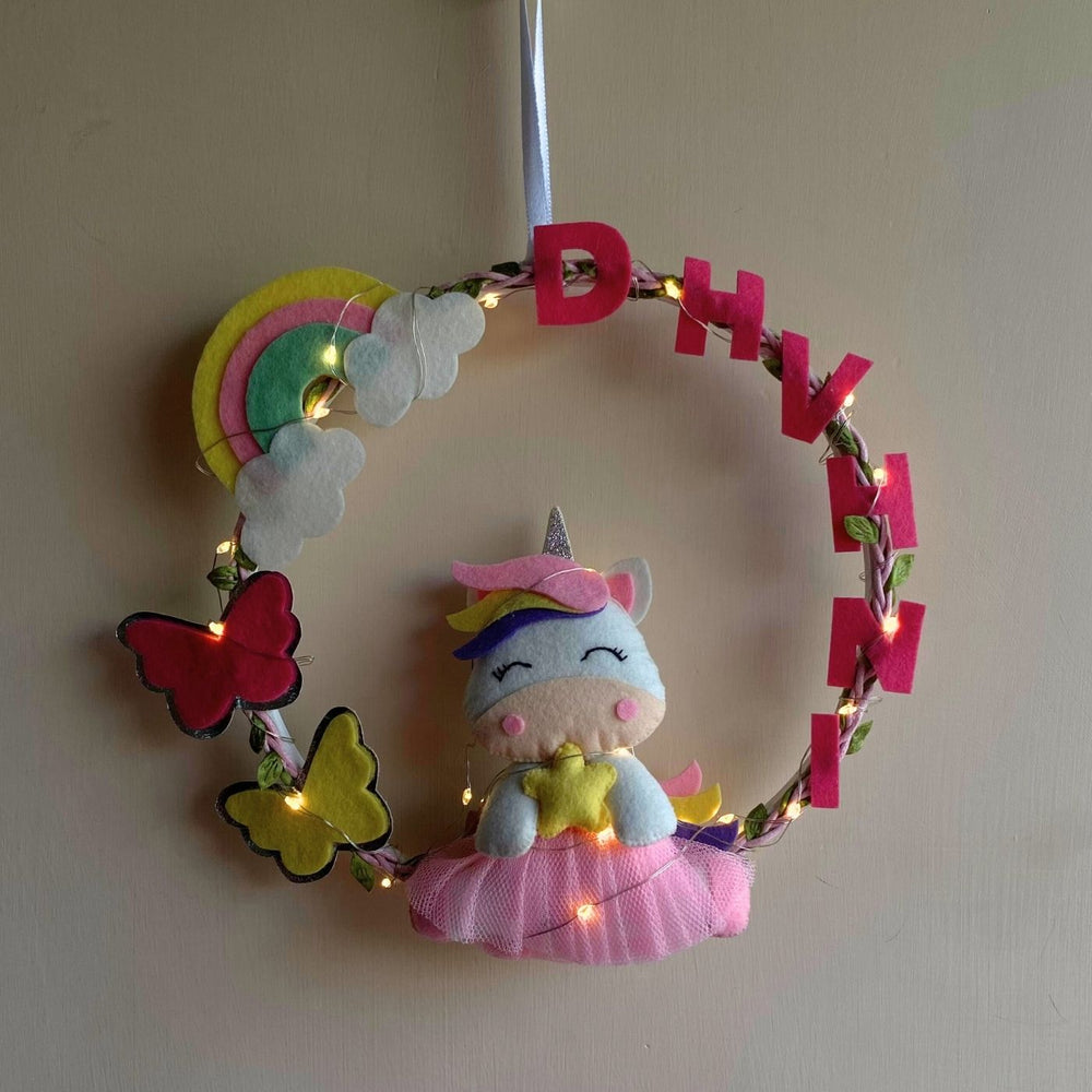 Personalized Unicorn Theme Fairy Lights Kids Felt Hoop Name Plate - Hanging Front View with Lights