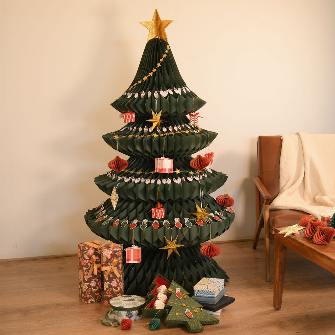 5 Feet | Foldable Christmas Tree With Decor | 8M Star Garland | 5M Santa Garland | 3M Ornament Garland | 18 Pc Tree Ornaments | 1 Pc Star Topper