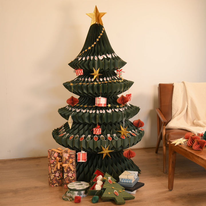 5 Feet | Foldable Christmas Tree With Decor | 8M Star Garland | 5M Santa Garland | 3M Ornament Garland | 18 Pc Tree Ornaments | 1 Pc Star Topper