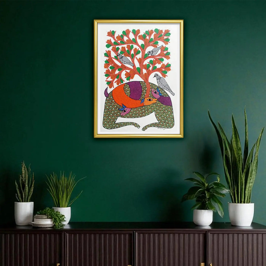 11 x 16 Inch | Deer with Tree & Birds | Original Hand Painted Tribal Gond Art Painting | Acrylic Paint On Paper