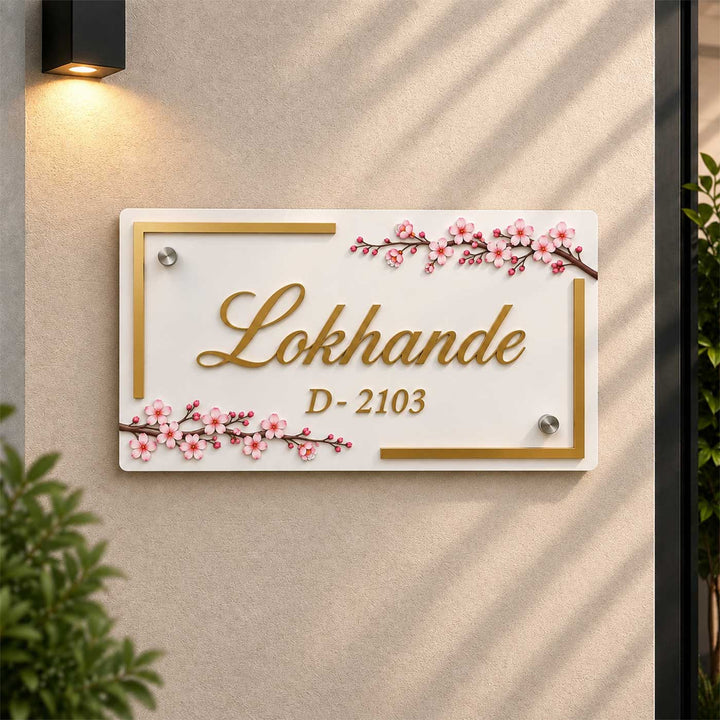 Cherry Blossom Elegance Personalized White Rectangle Acrylic Name Plate For Home