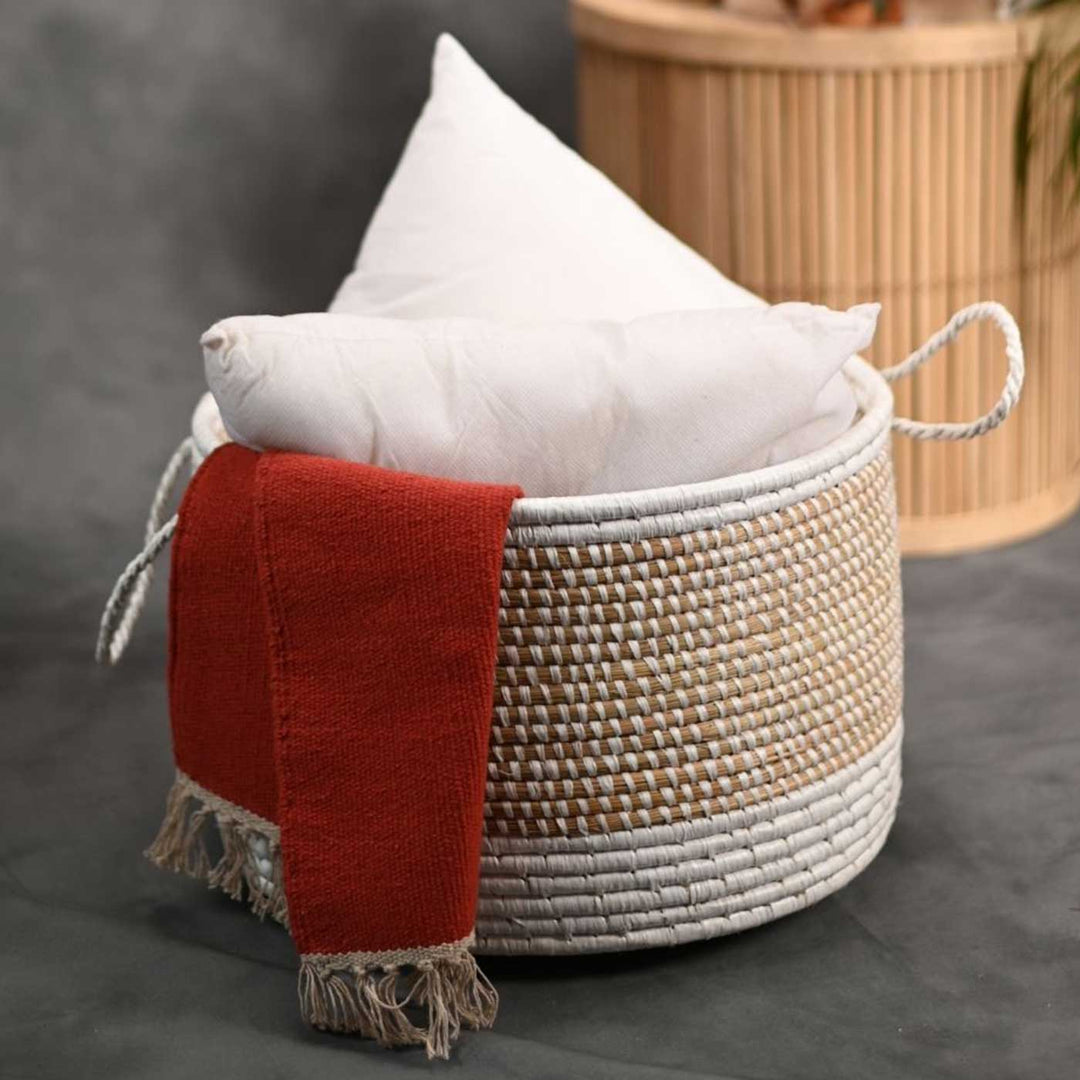 Handmade Ecofriendly Grass Woven White Base Moonj Storage Basket