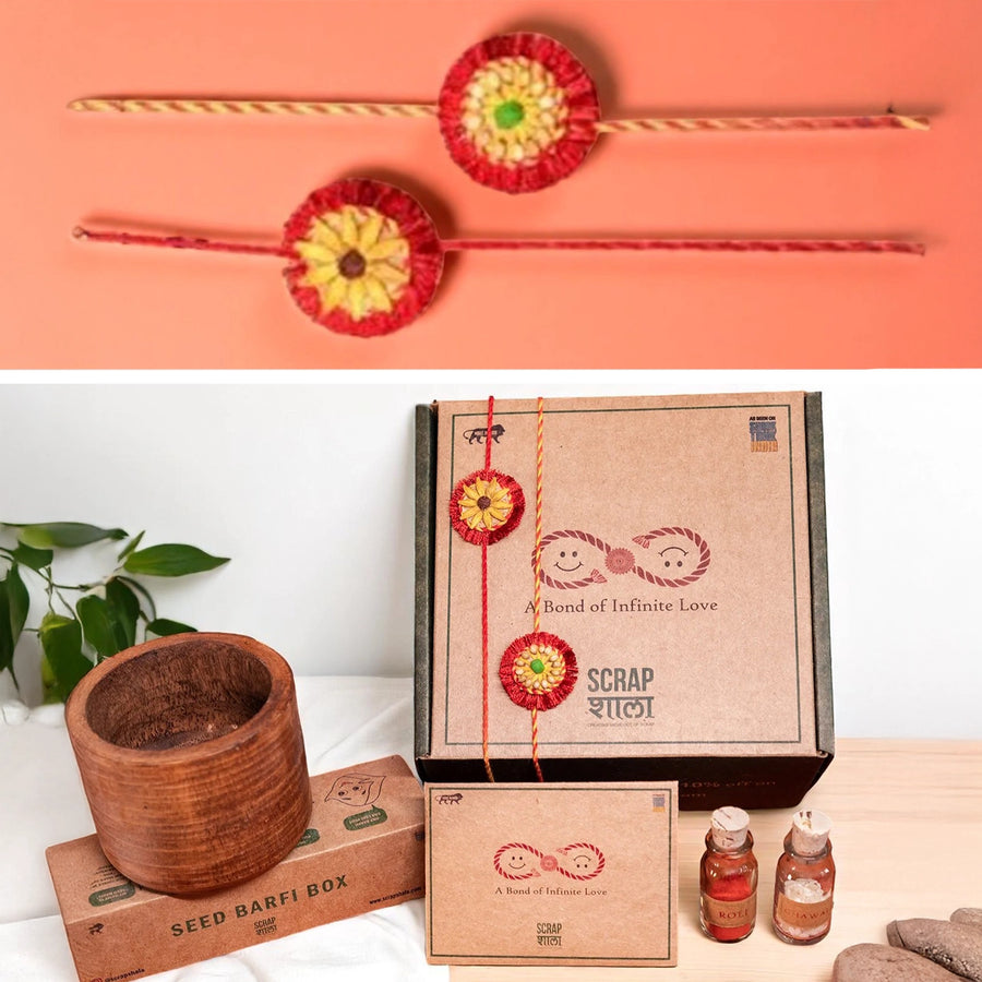 Akkad Bakkad Plantable Handmade Cork Rakhi Hamper With Roli Chawal 1 - Front View of Two Rakhis