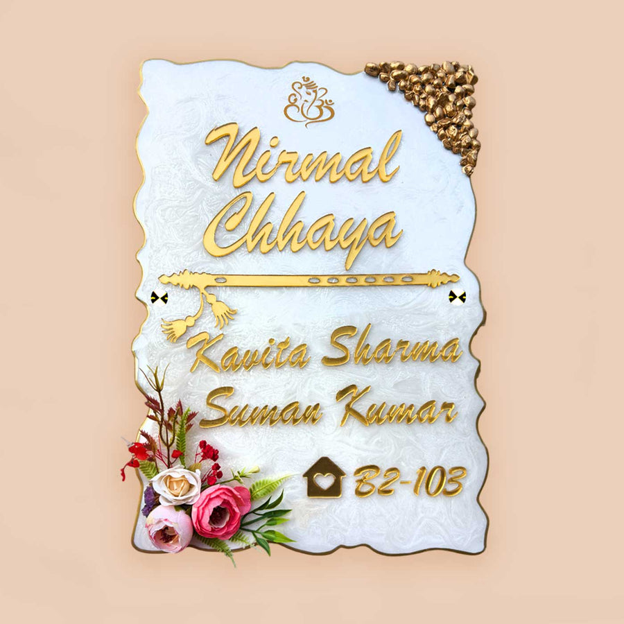 Personalized White Floral Theme Vertical Resin And Acrylic Waterproof Name Plate - Front View with Floral Decoration