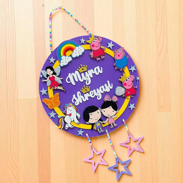 Personalized Fairy And Peppa Pig Theme MDF Wood Kids Name Plate For Sisters