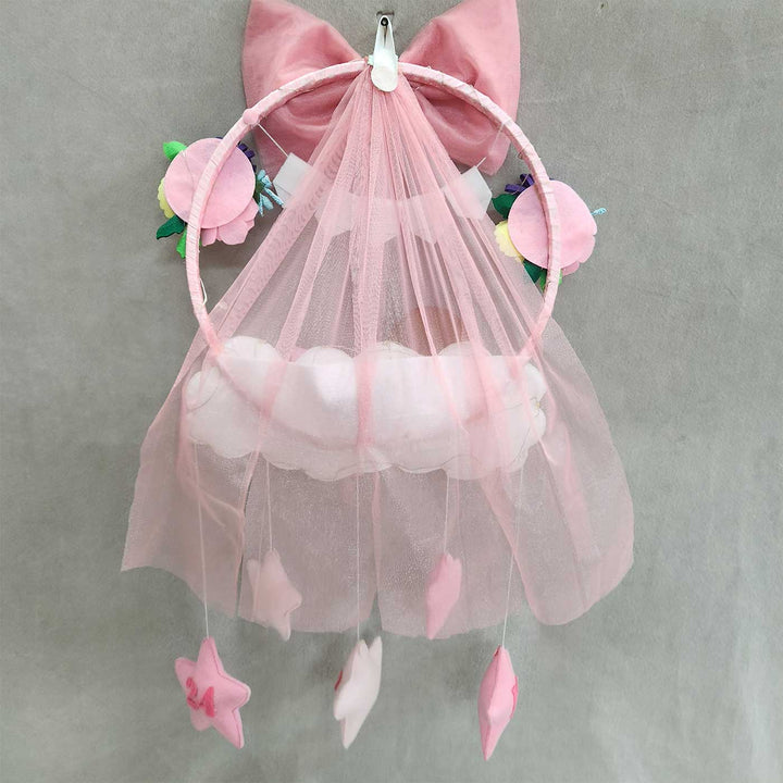 Personalized Cloud Theme Felt Kids Name Plate For Girls - Hanging Display with Sheer Canopy