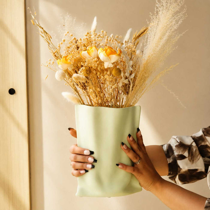Matcha Muse Sculpted Porcelain Vase With Dried Flower Bunch