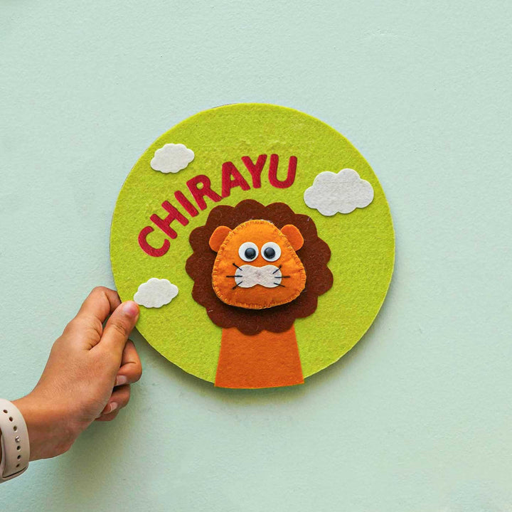 Personalized Handmade Lion Theme Felt Hoop Name Plate - Hand Holding Front View