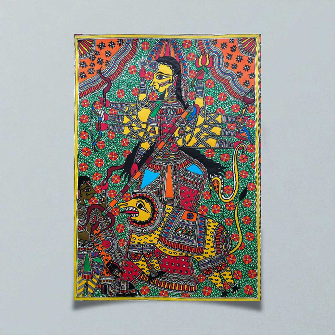 22 x 30 Inch | Durga Mahishasura Mardini | Original Hand Painted Madhubani Painting | Natural Pigments On Paper