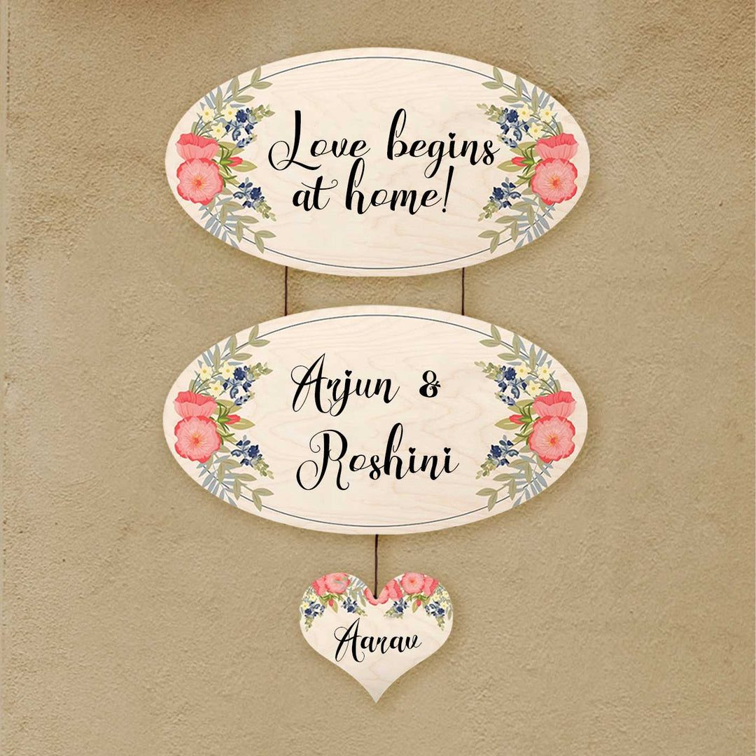 Printed White Floral Wooden Oval Nameplate For Couples - Hanging Decorative Sign with Personalization