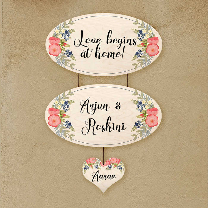Printed White Floral Wooden Oval Nameplate For Couples - Hanging Decorative Sign with Personalization