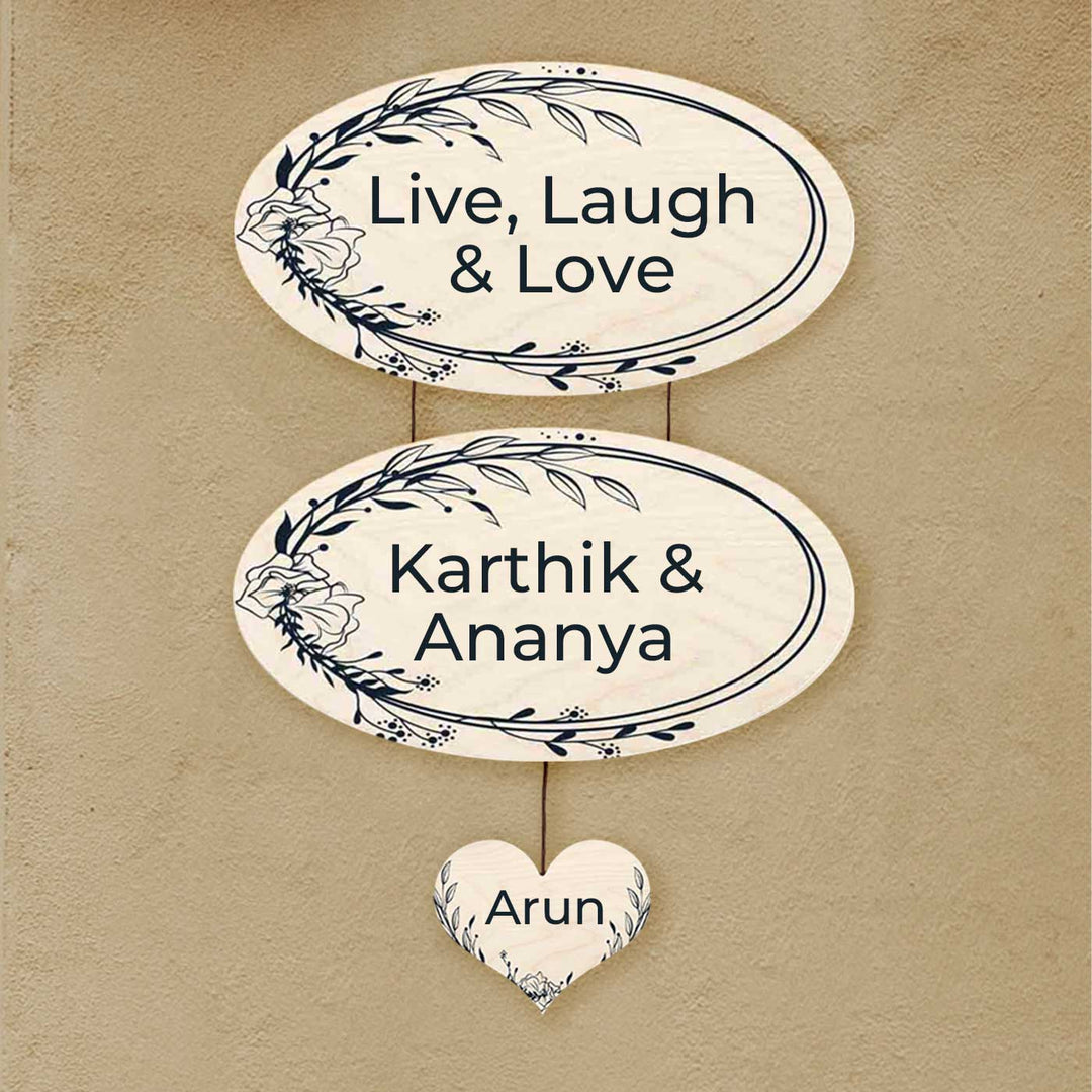 Printed Floral Wooden Oval Nameplate For Couples - Hanging Wall Sign with Personalization