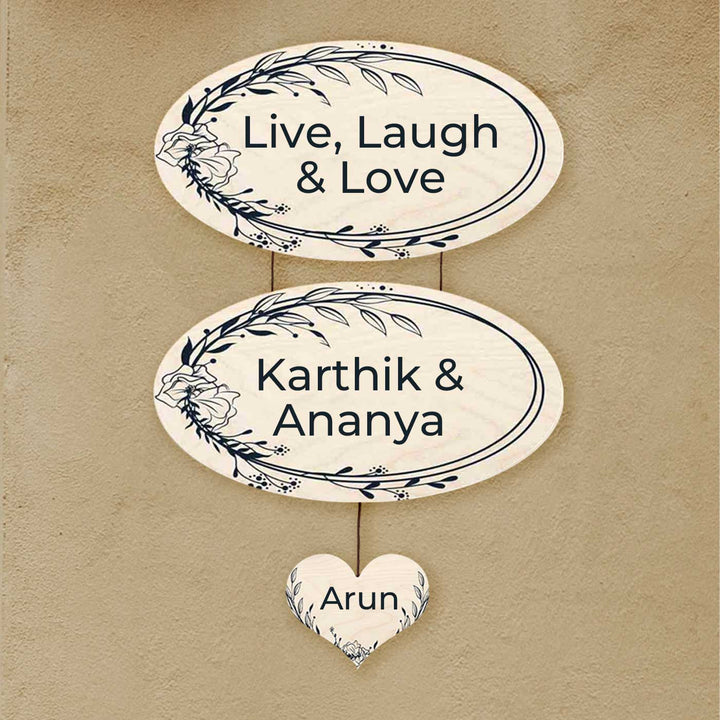 Printed Floral Wooden Oval Nameplate For Couples - Hanging Wall Sign with Personalization