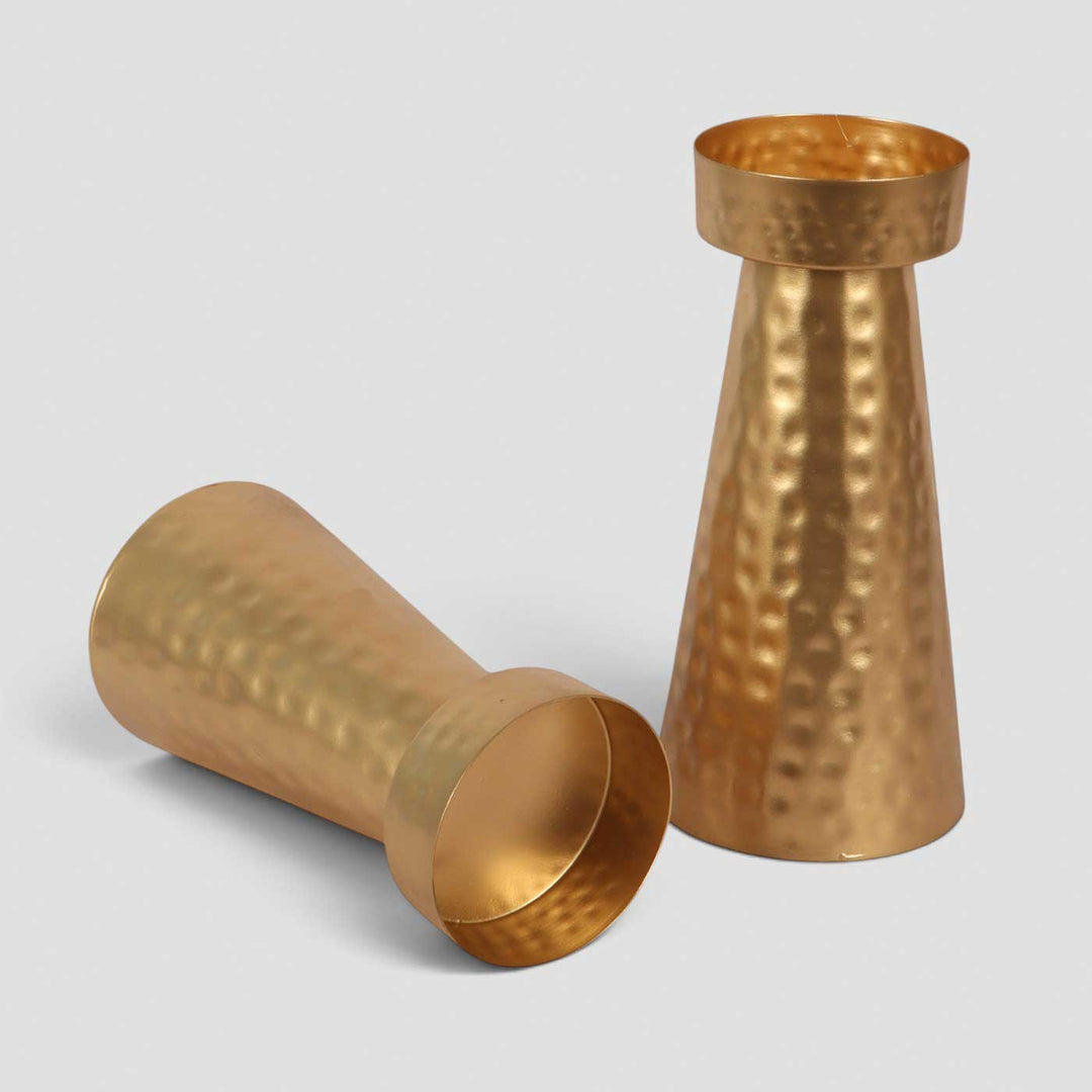 Set of 2 | Handmade Gold Hammered Cone Metal Tealight Holders For Festive Decor