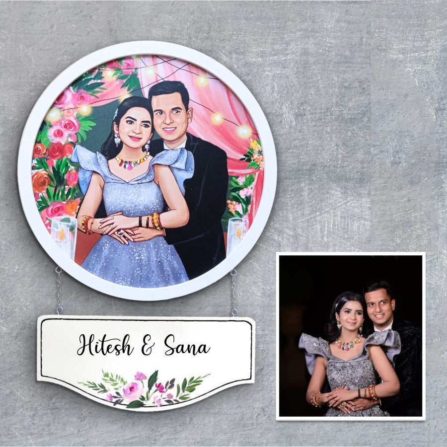 Photo Caricature Hanging Nameplate For Wedding Couple 15 - Front View with Personalization Example