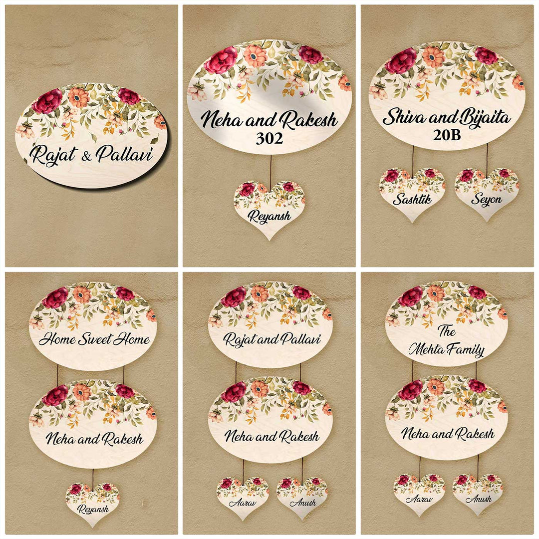 Printed Red And Orange Floral Wooden Oval Nameplate For Family - Multiple Personalized Name Plates Display
