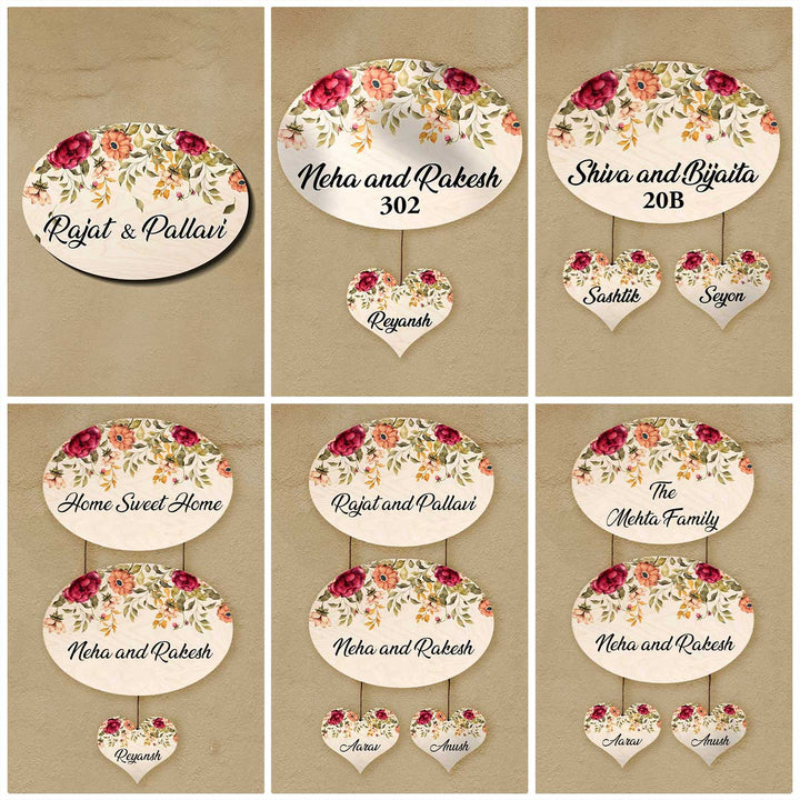 Printed Red And Orange Floral Wooden Oval Nameplate For Family - Multiple Personalized Name Plates Display