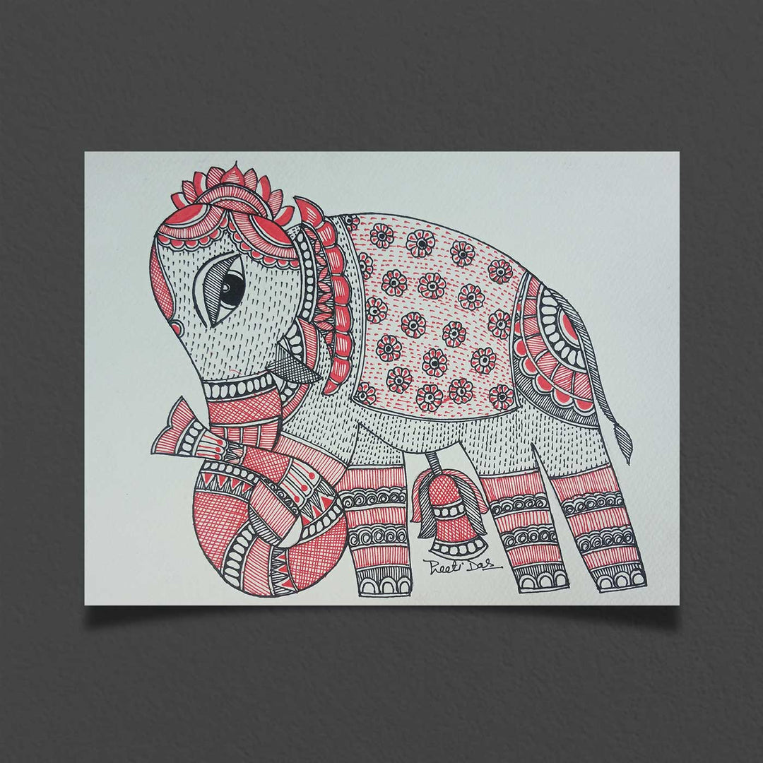 11 x 8 Inch | Red Elephant | Original Hand Painted Madhubani Painting | Acrylic Paints On Paper