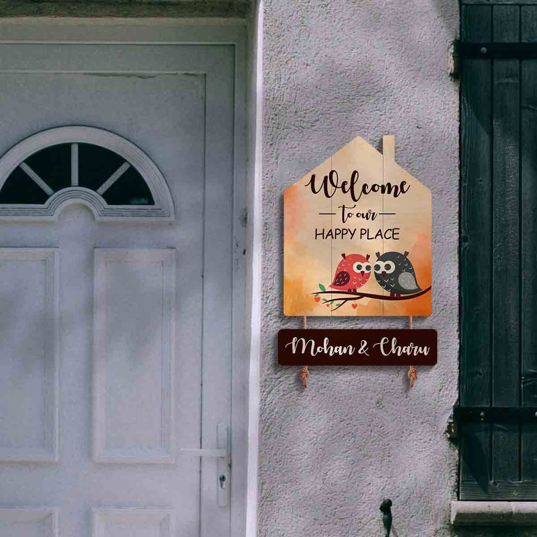 Printed Wooden House Shaped Owl Nameplate For Family With 2 Children - Mounted on Entryway Wall with Hooks