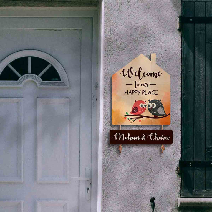 Printed Wooden House Shaped Owl Nameplate For Family With 2 Children - Mounted on Entryway Wall with Hooks