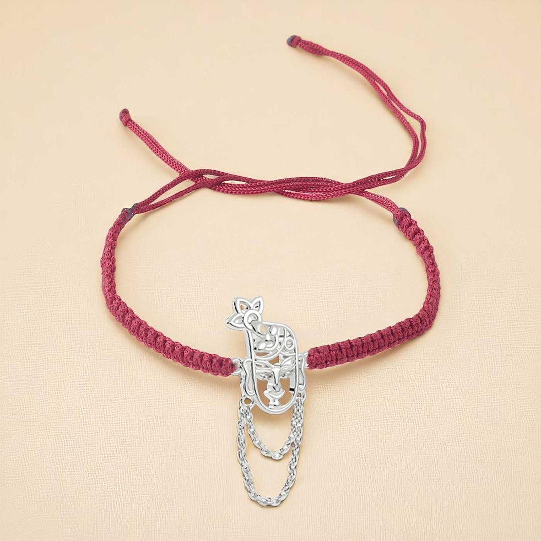 Handmade Krishna Design Religious Silver Rakhi For Brother - Front View